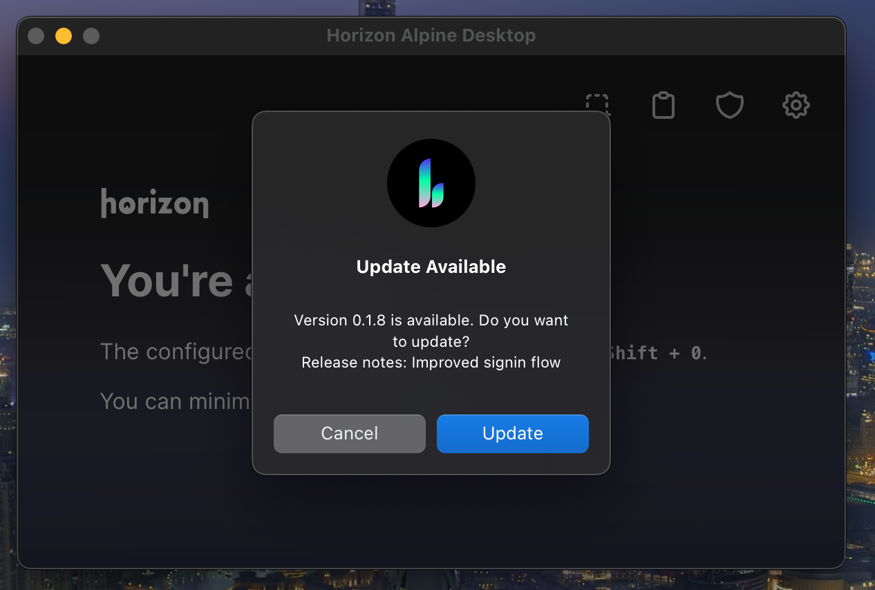 Screenshot of Horizon Alpine update prompt that says 'Update Available. Version 0.1.8 is available. Do you want to update? Release notes: Improved signin flow.' with buttons labeled 'Cancel' and 'Update'. The 'Update' button is highlighted in the operating system's blue primary accent color.