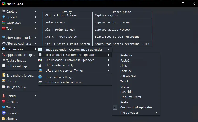 ShareX window titled 'ShareX 13.6.1' in which the user has selected 'Custom text uploader' as the destination for 'Text uploader' in the left sidebar.