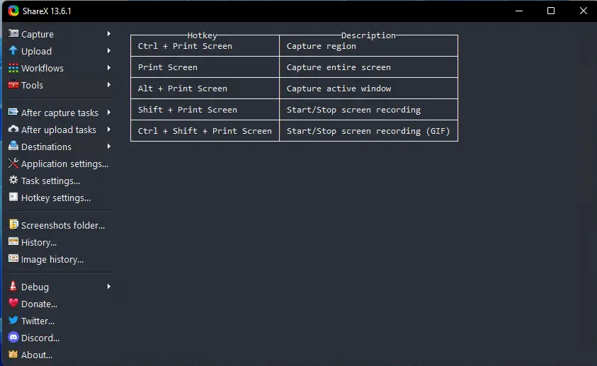 ShareX welcome window showing a grid of keyboard shortcuts for various actions, like screen capture and screen recording.