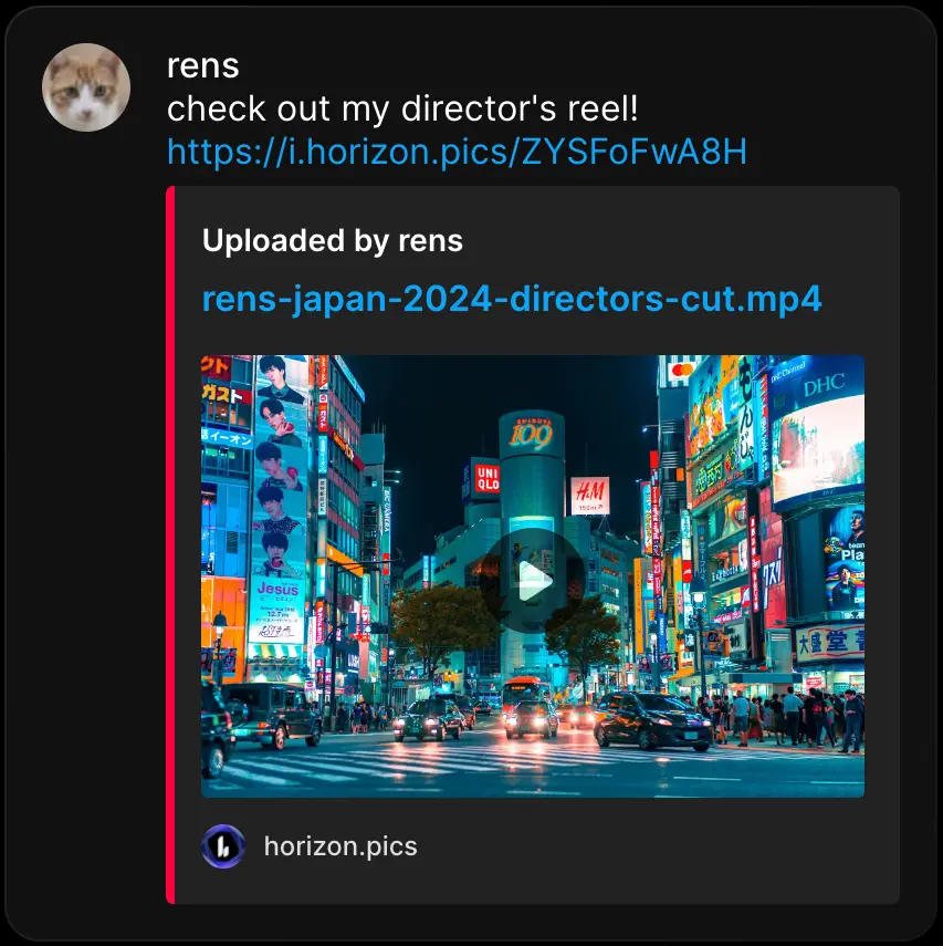 A message from 'rens' containing a Horizon Pics upload link that has a red Discord embed in chat
